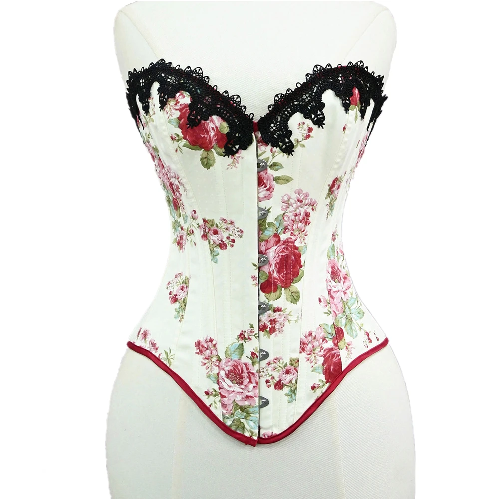 Women Palace Style Overbust Corset Tops Vintage Floral Print Black Lace Decoration Bustier Body Shaper Lingerie Lace Up Bodice