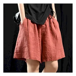 Cotton Linen Shorts Women Summer Vintage Elastic Waist Wide Leg Pants Large Size Casual Loose Oversized Shorts Women Clothing