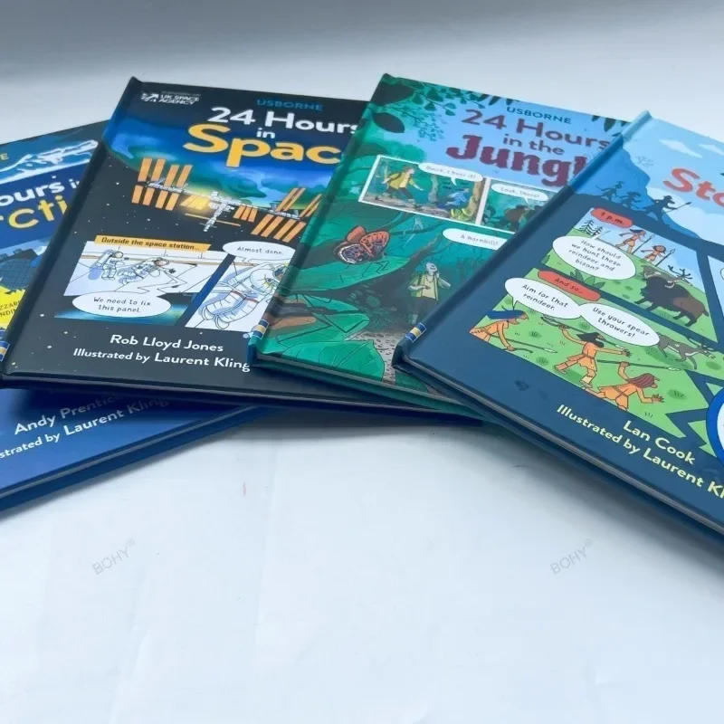 4books Usborne 24 Hours in The Stone Age Space Jungle Antarctica Kids Early Education English Reading Picture Book Hard Cover