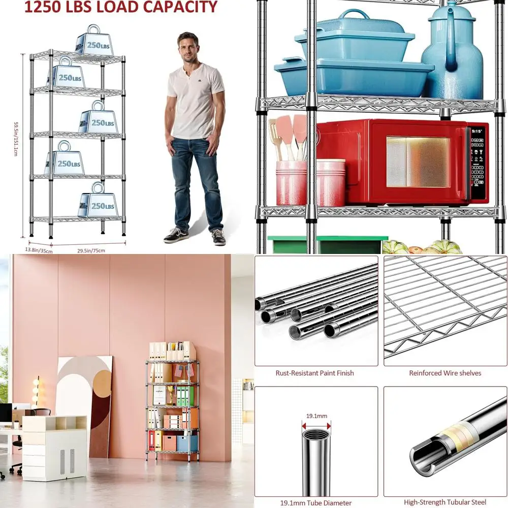 5段式ヘビーデューティーメタルワイヤーシェルフ、耐荷重1250ポンド、キッチン、オフィス、ガレージオーガナイザー