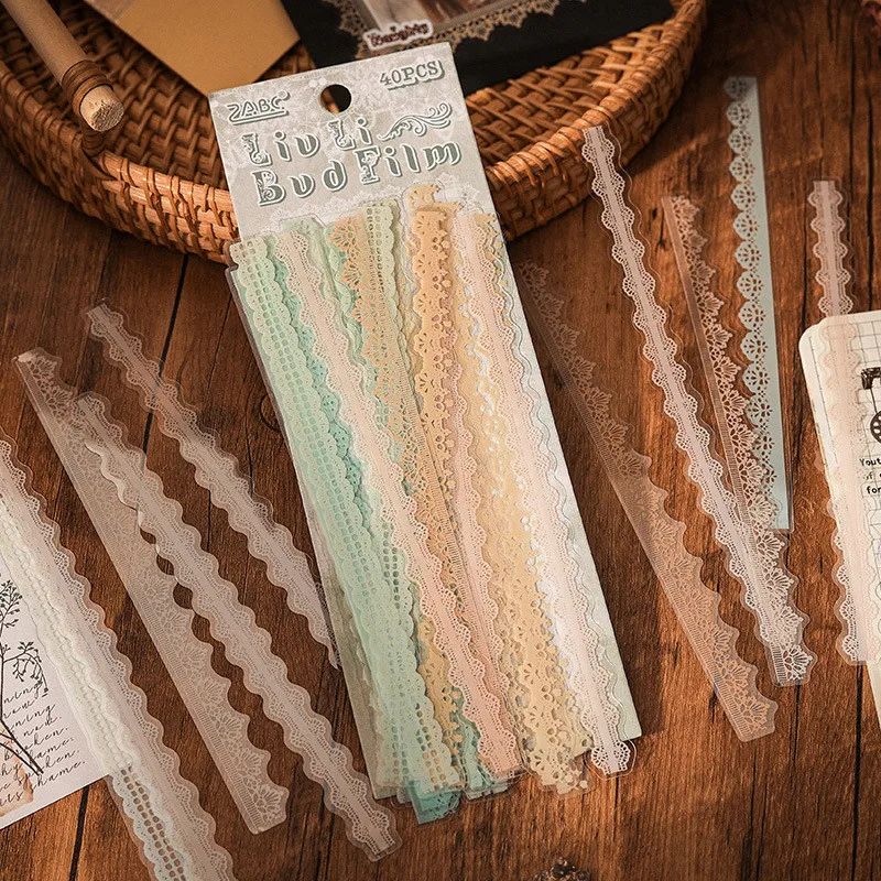 40pcs Pastel Floral Lace Long Strips Decoration Sticker Self-Adhesive Vintage Scrapbook Journal Card Making Embelishment Sticker
