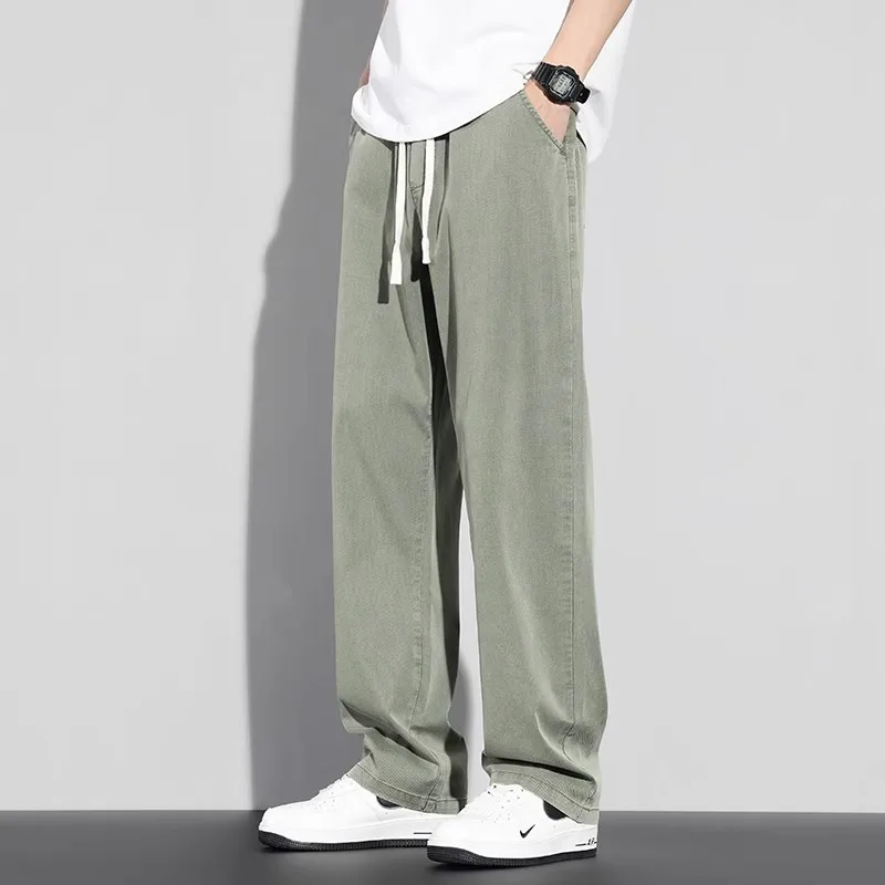 جينز كاجوال رفيع للرجال من Ice Thin High Street فضفاض مستقيم طويل سروال شبابي أنيق مقاوم للتآكل جينز رفيع صيفي للترفيه...