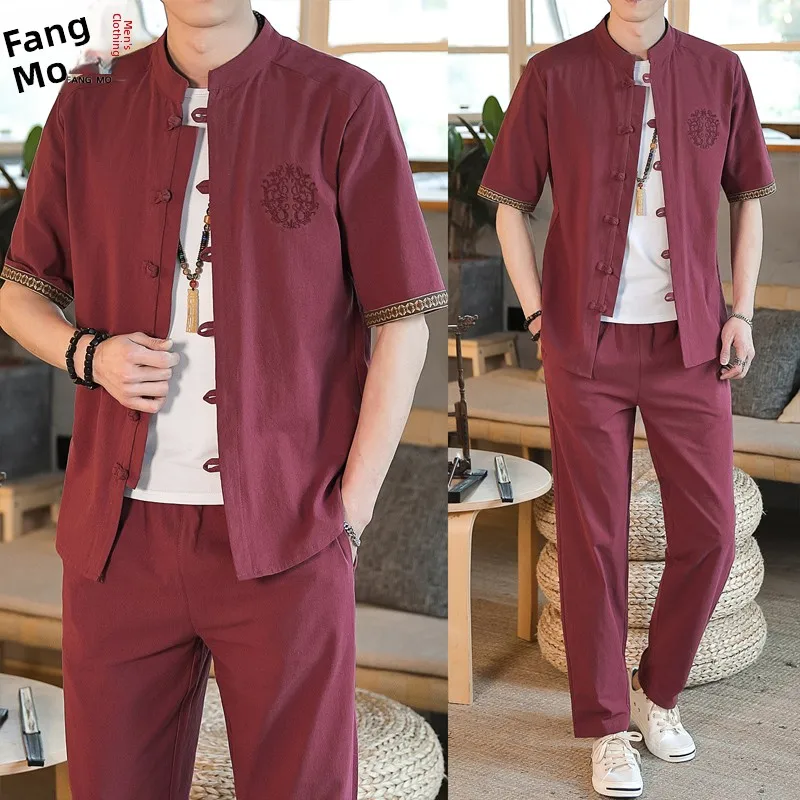 

Летний мужской комплект 2024: свободный повседневный костюм из тонкого хлопка и льна для молодежи, модный двухсоставный комплект (рубашка и длинные брюки) в стиле тан-костюм