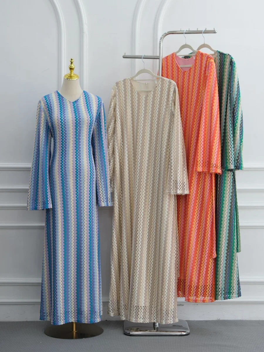 Muslim Women Traditional Duabi Hollow Out Abaya Dress Rainbow Jacquard Double-Layer Long Dress Kaftan Robe Femme Islam Clothing