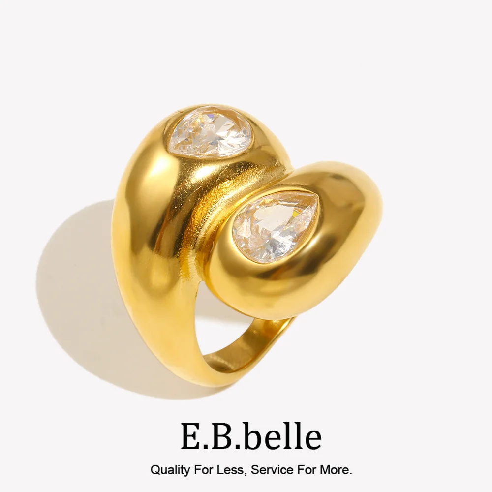 E.B.belle Double End Water Droplet Shape Zircon Ring Tarnish Free Stainless Steel Hypoallergenic Minimalist Style  Jewelry Gifts
