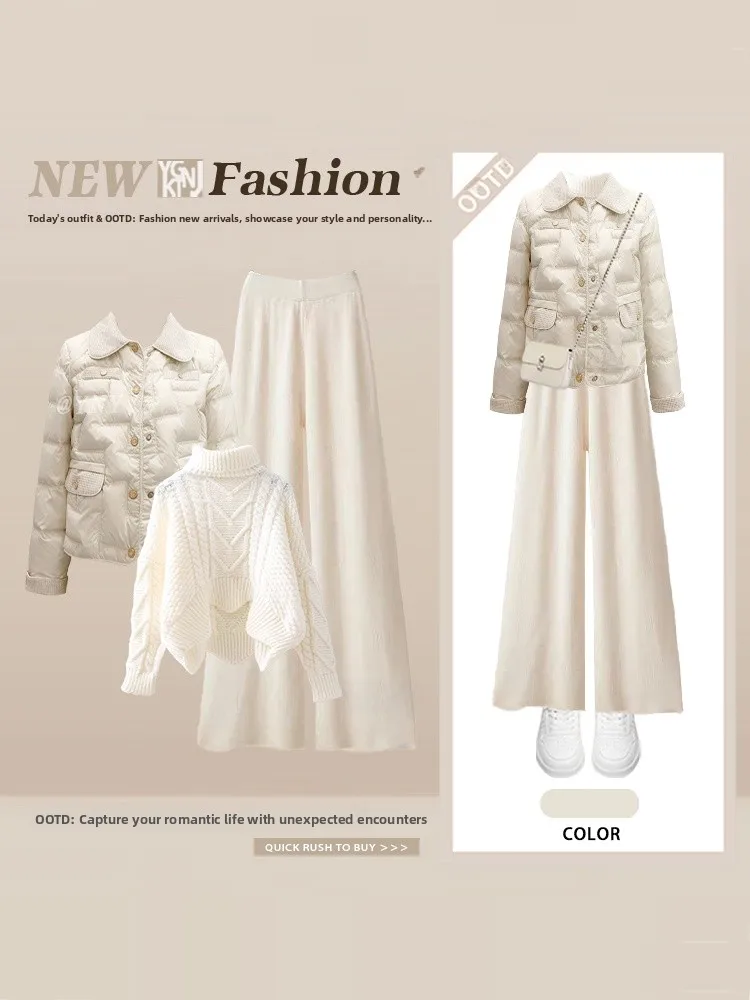 

Korean Sle Winter Warm Knitted Cotton Jaet Outerwear High Waist Wide Leg Pants Inner Wear Tee Piece Set Women's Faion