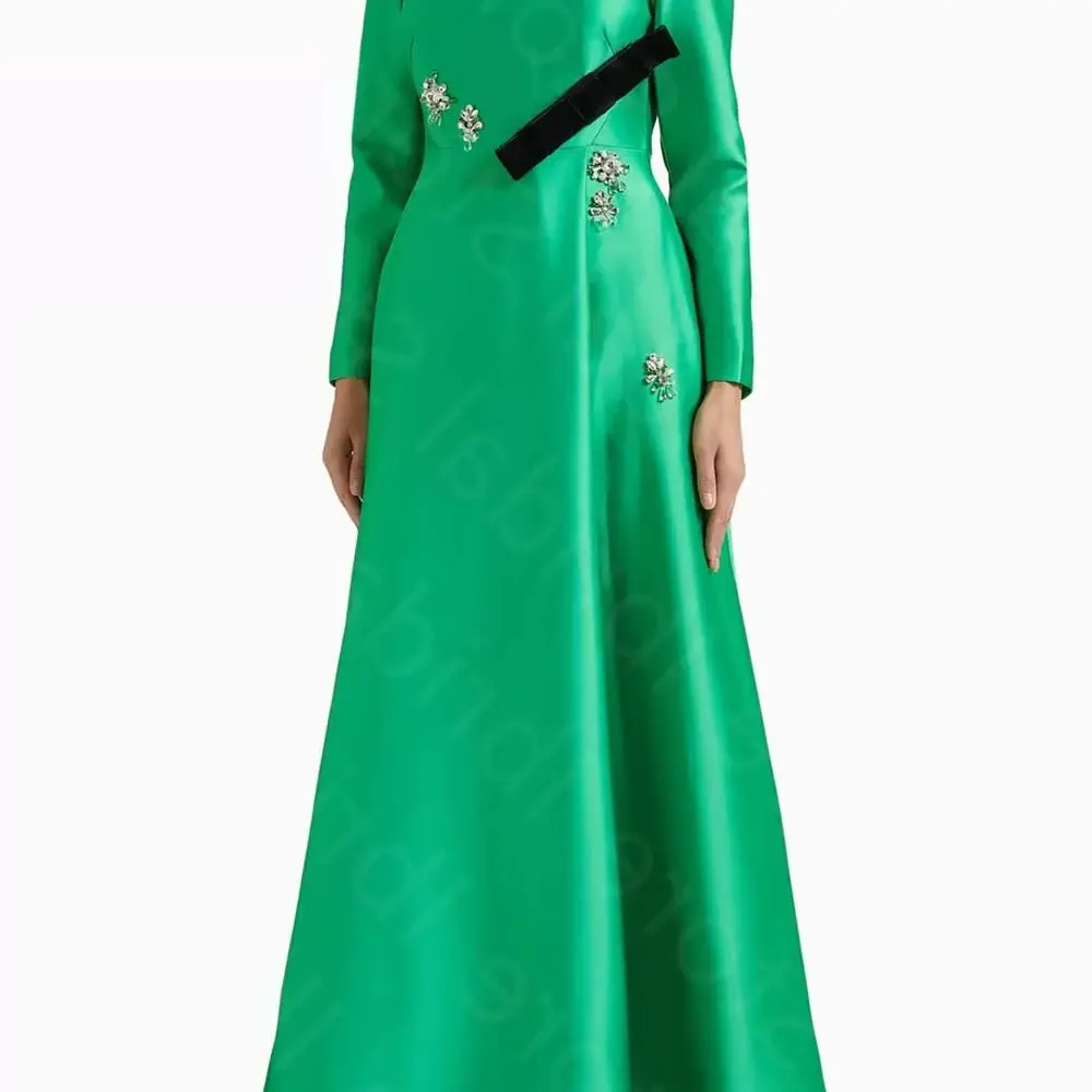 

Customized Latest Green Prom Gown Ankle Length Prom Party Dresses Long Sleeves Beaded Wedding Guest Gowns Round Neck On Sale
