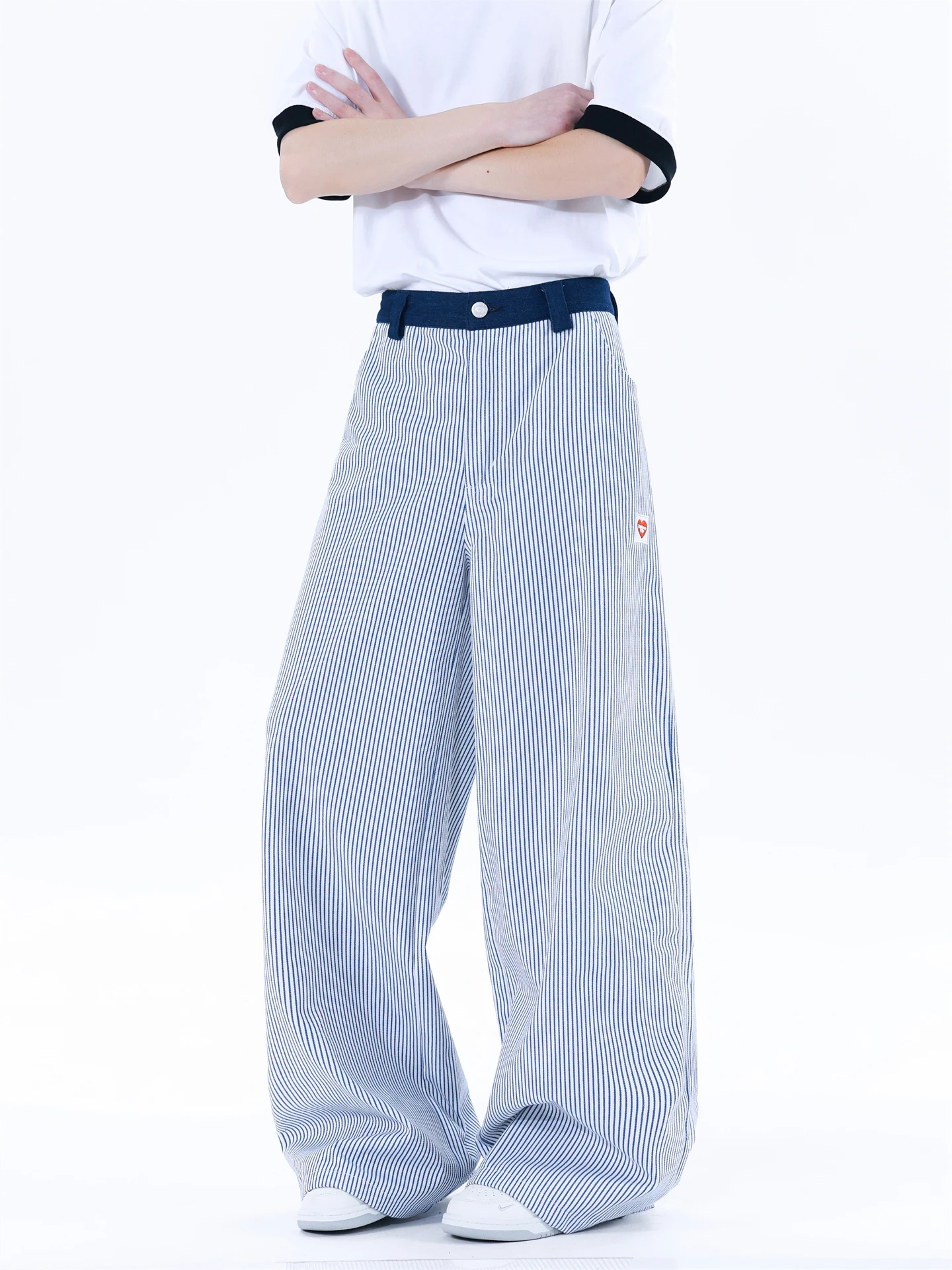 

Cleanfit синие полосатые летние американские ретро свободные прямые брюки с широкими штанинами повседневные длинные брюки джинсы со средней заниженной талией на молнии