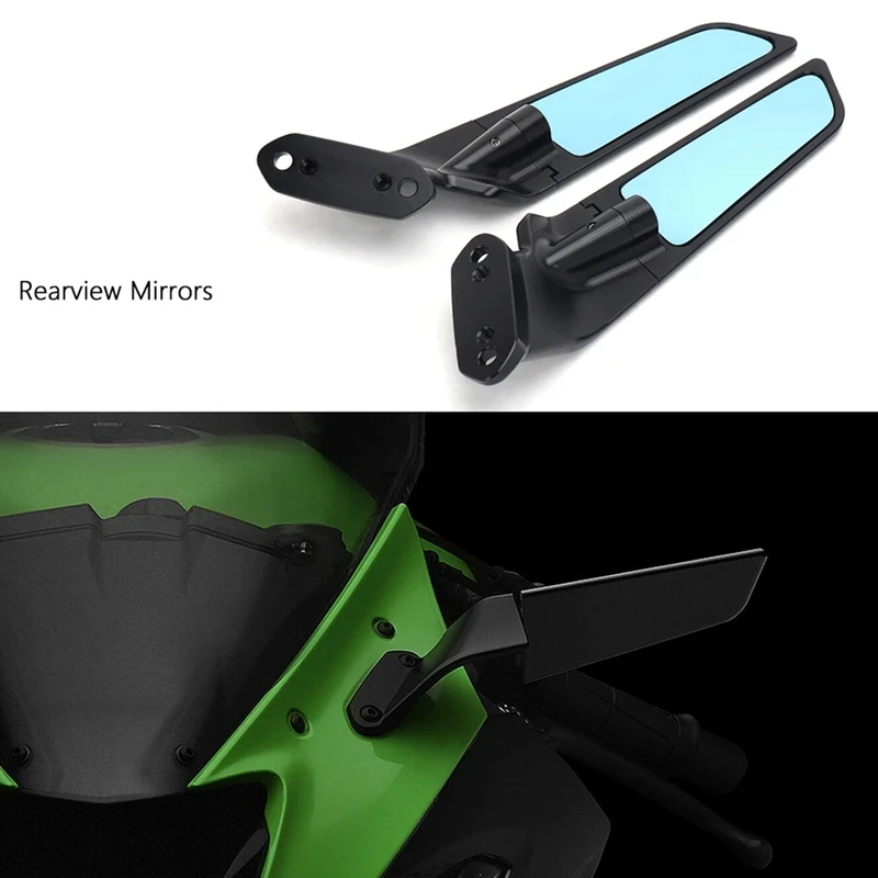 Motorcycle Mirror Blue Anti-Glare Wind Wing Rotating Rearview Mirror Kit For Kawasaki NINJA 636 ZX-6R ZX6R 2019-2024