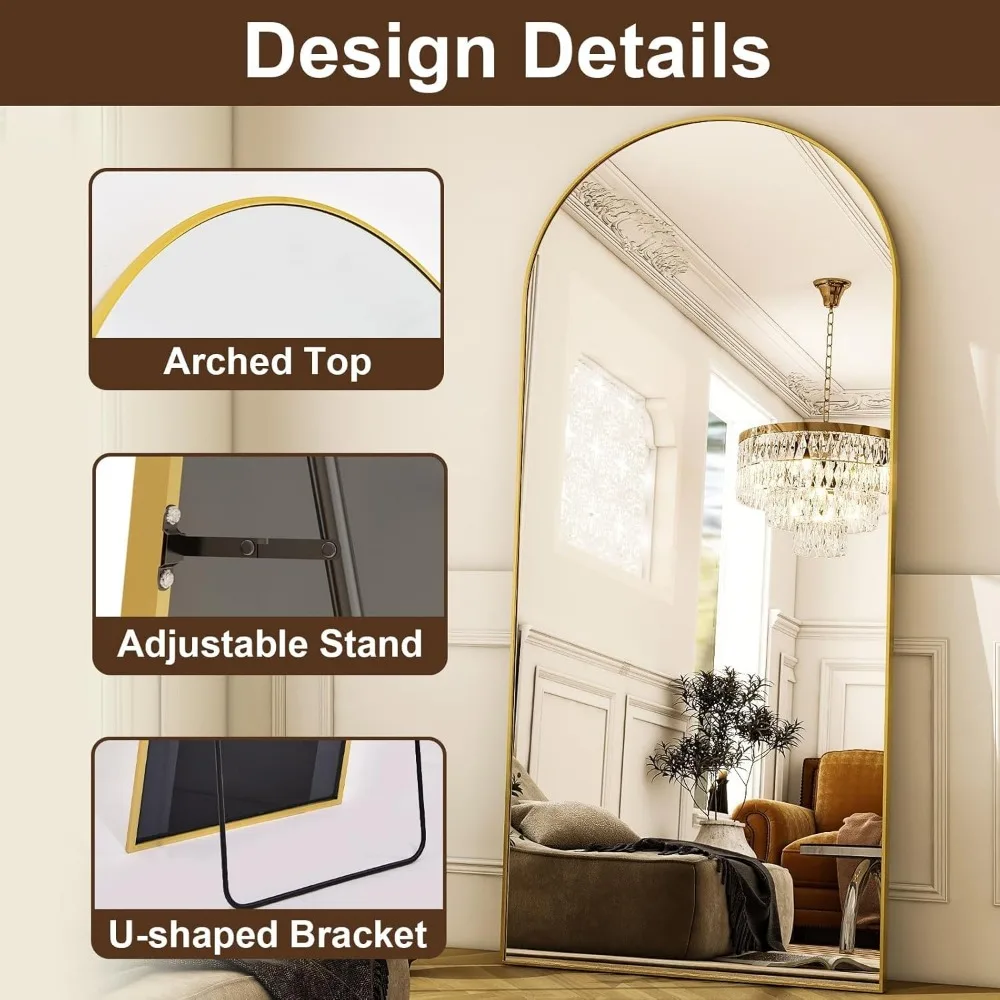 Grande espelho de chão dourado arqueado, espelho inclinado ou suspenso de comprimento total 68x22 com moldura de alumínio para decoração de sala de estar