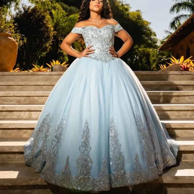 

Customized Simple style sky blue Quinceanera Dresses Off the Shoulder sequin applique Long tail Bow Vestido 15 Quinceanera