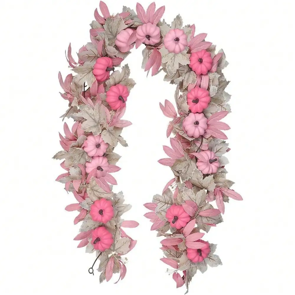 Pink Pumpkin Garlands Halloween Decorations 5.6FT Artificial Maple Leaf Vines Hanging Garland Thanksgiving Fall Mantle Fireplace Decor (Pink, 68 Inches)