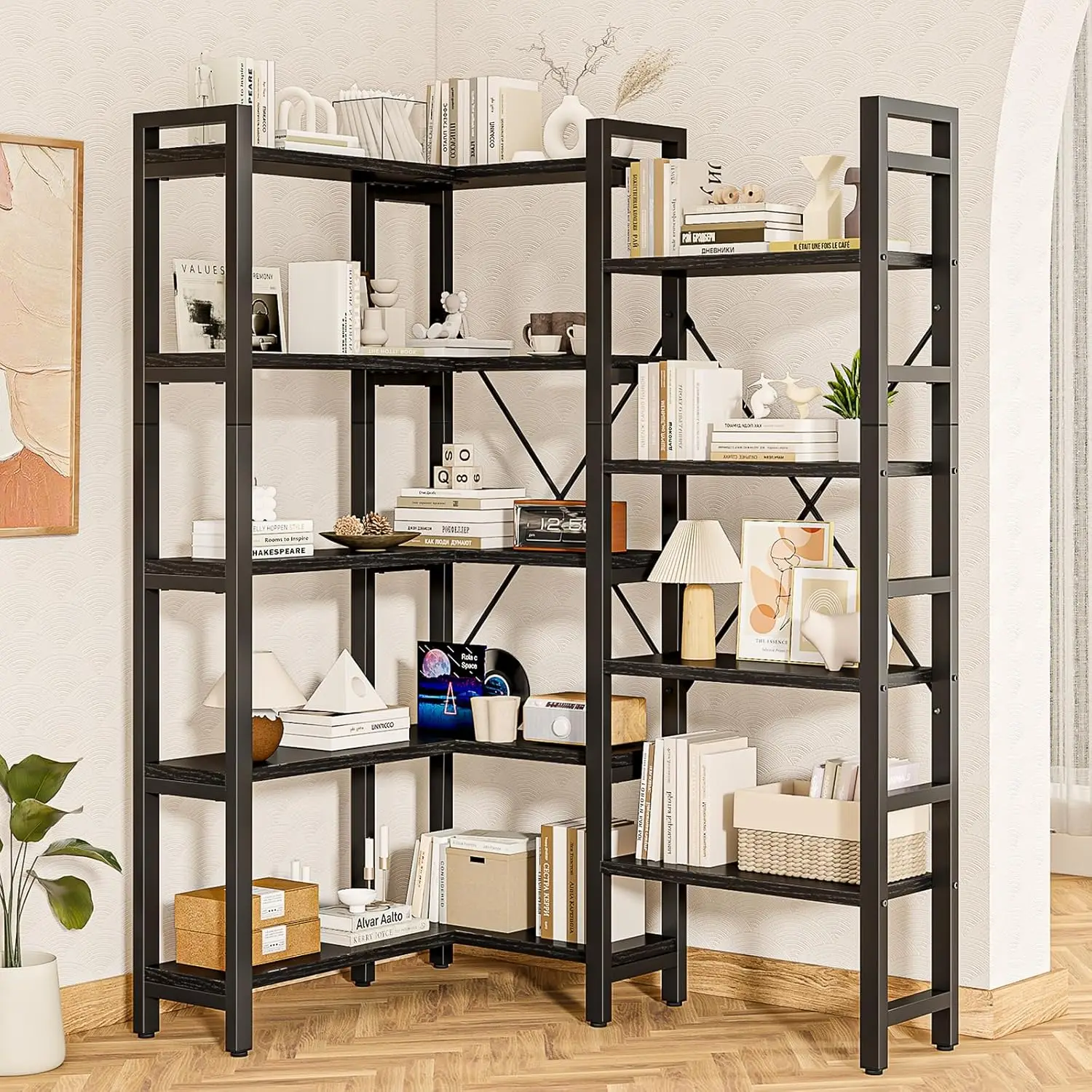 Triple Wide 5 Tier Bookshelf, Shape Changeable Bookcases, Open Display Shelves, Modern Tall Bookcase Furniture For Bedroom,
