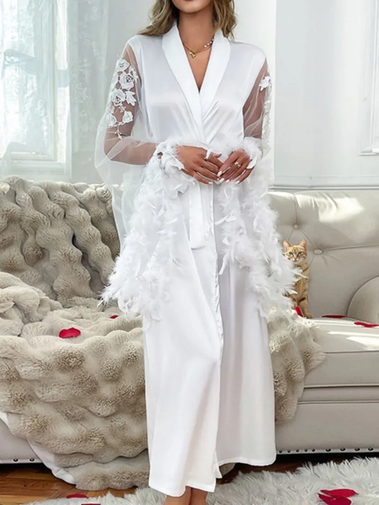 

Women's Clothing Pajamas Elegant Lace Home Clothing Slim Long Sleeve Robe Comfortable Solid Color Comfortable Leace-up Trendy
