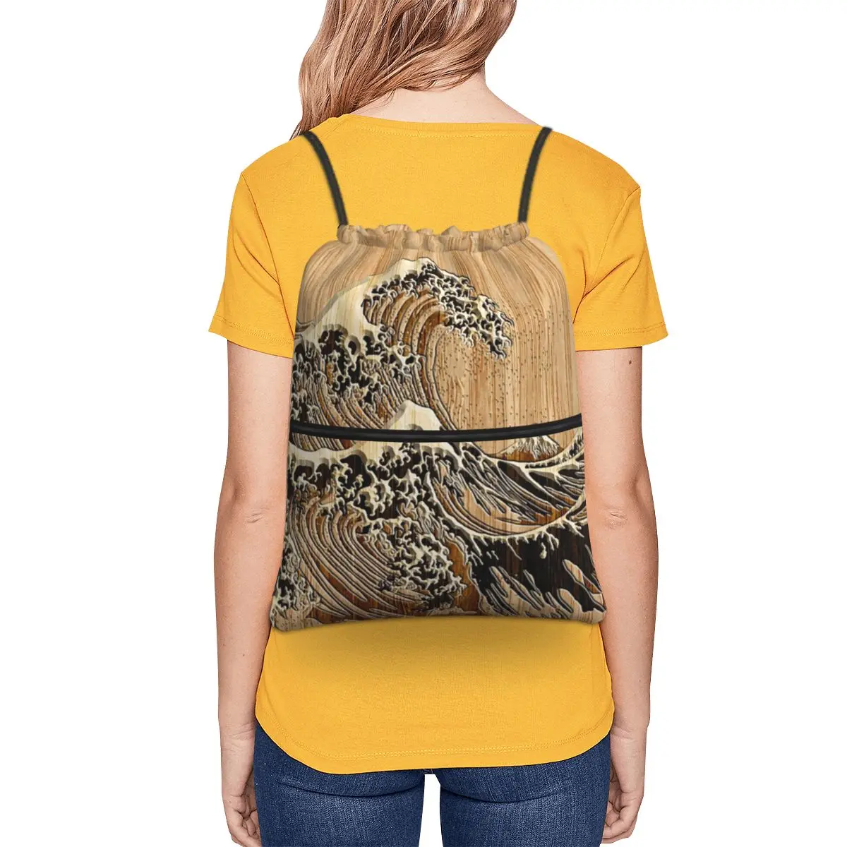 The Great Hokusai Wave In Bamboo Inlay Style Backpacks Multi-function Drawstring Bundle Pocket Sports Bag Book Bags Students
