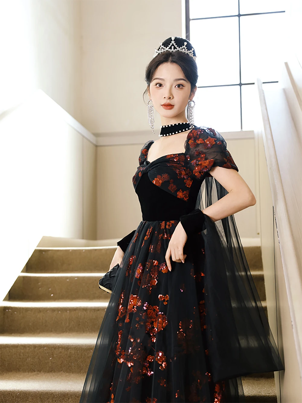 Banquet Evening Dress Women French Style Red Floral Sequins Black Tulle Long Dresses Elegant Lady Formal Gown Host Stage Costume