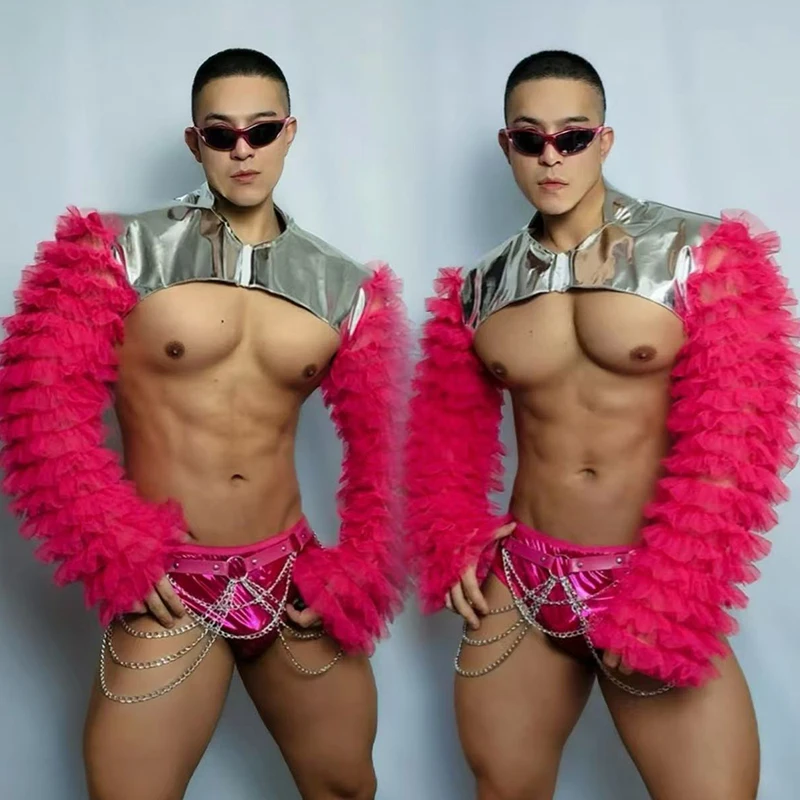 

New Gogo Show Men Outfit Puffy Sleeve Tops Pink Stage Costume Nightclub Bar Dj Ds Rave Clothes Male Festival Party Outfit yj391