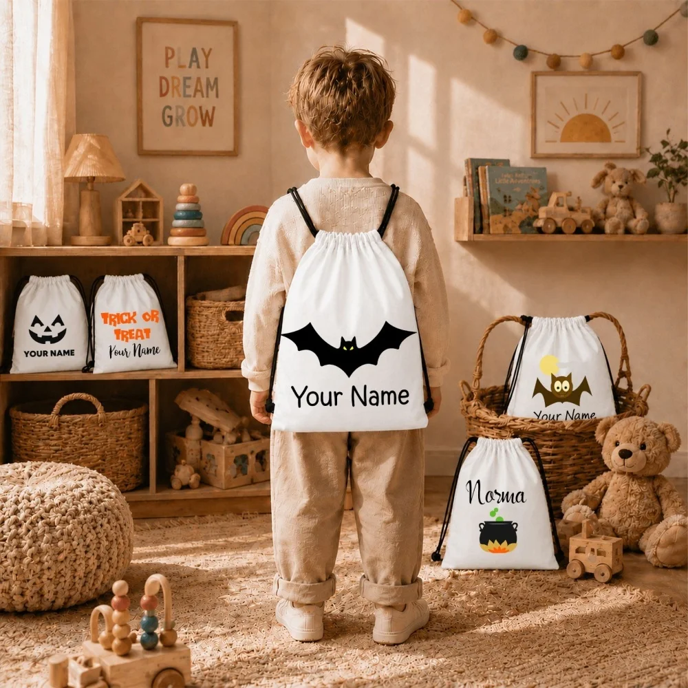 5 PCS Personalized Name Halloween Drawstring Bags Custom Bat Pumpkin Print Cotton Drawstring Backpack Trick or Treat Candy Sacks
