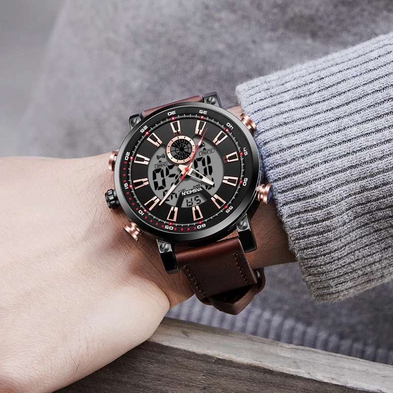 Yashidun marca relógio masculino quartzo led relógios esportes pulseira de couro relógio à prova dwaterproof água luminosa semana data relógios militares