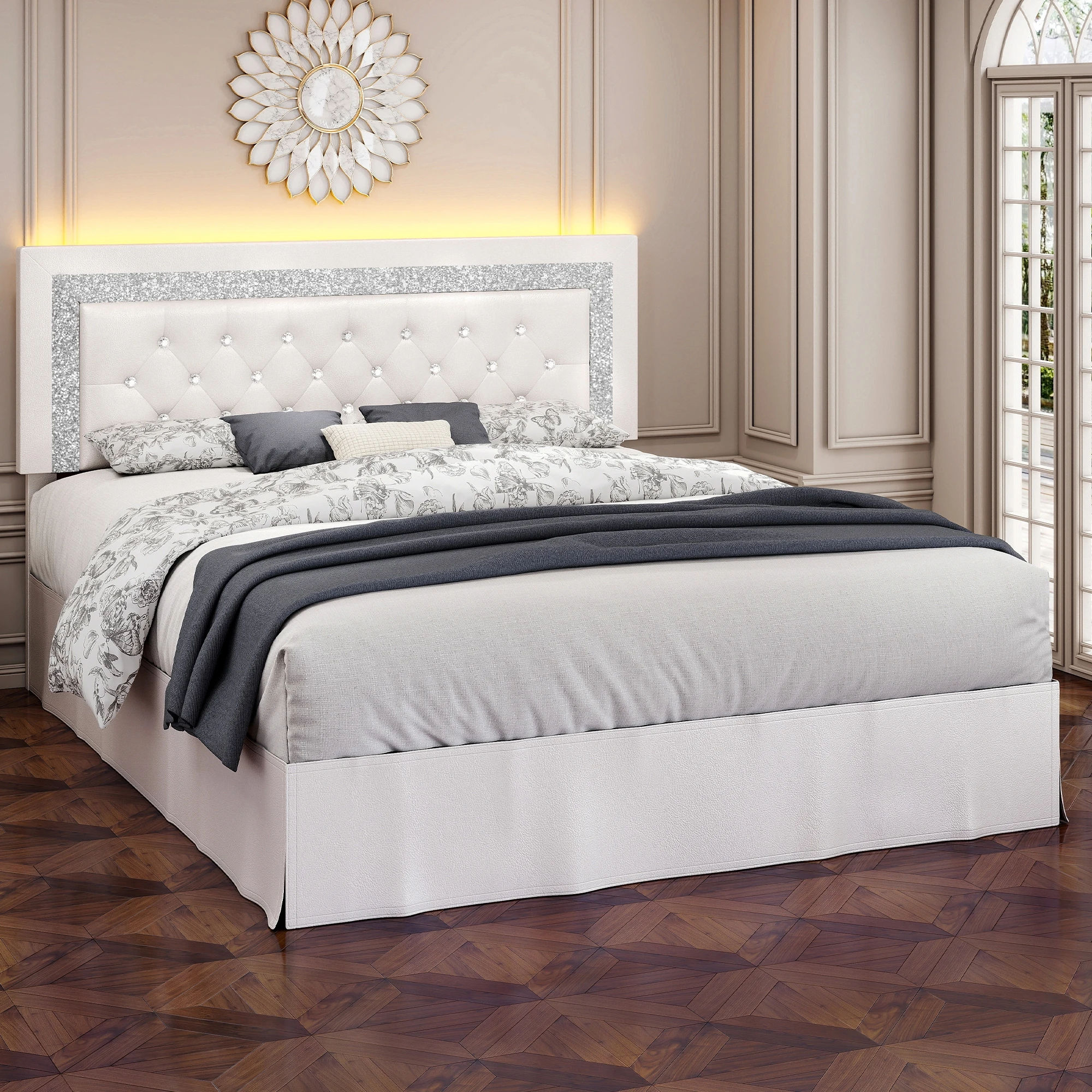 LED Bed Frame with Adjustable Headboard, Upholstered Platform, Diamond Tufted Desi
