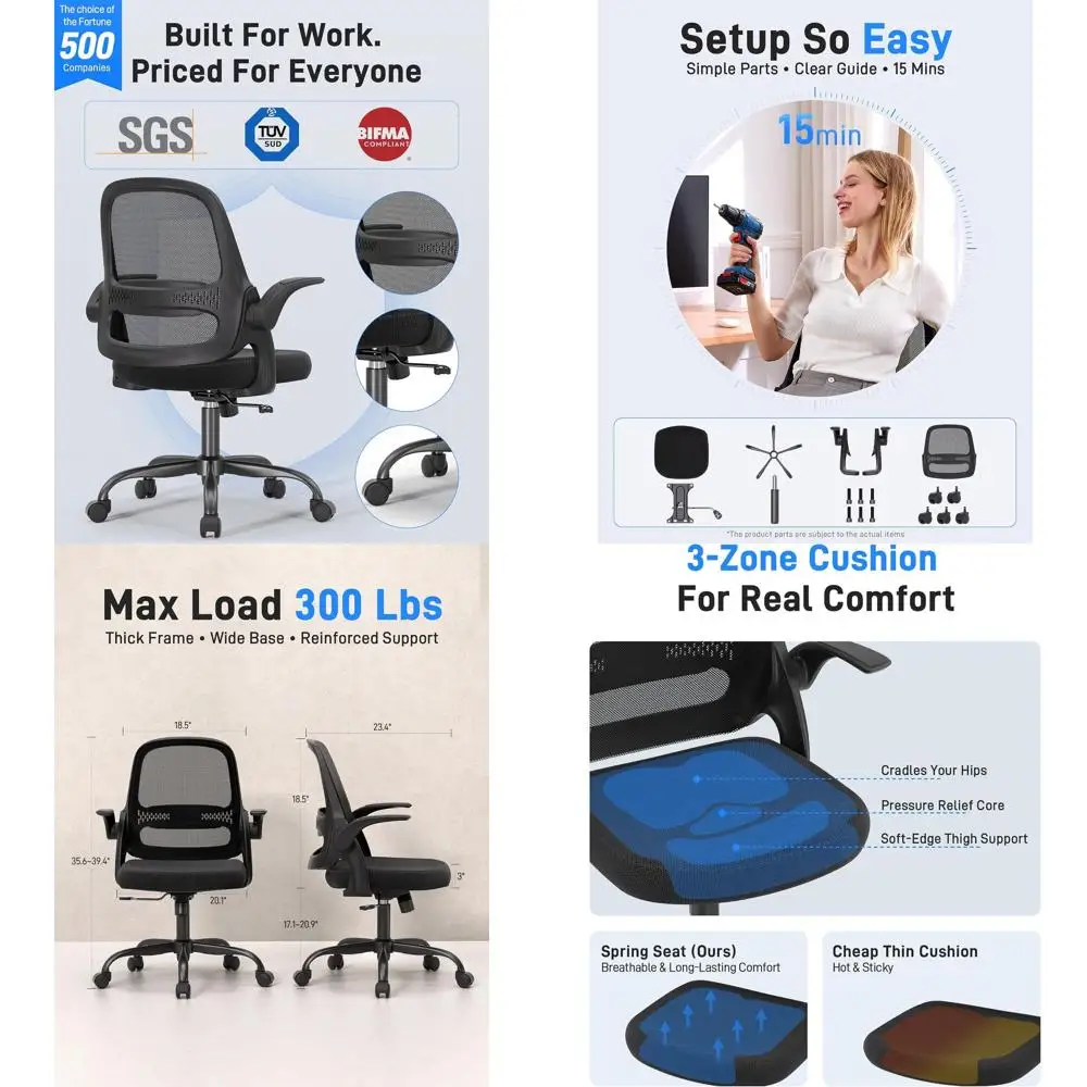 Ergonomic Mesh Oice Chair or Home Oice, lip-Up Arms, Breathable Mesh Back & Thick Seat Cushion, Swivel Rolling Computer Desk Cha