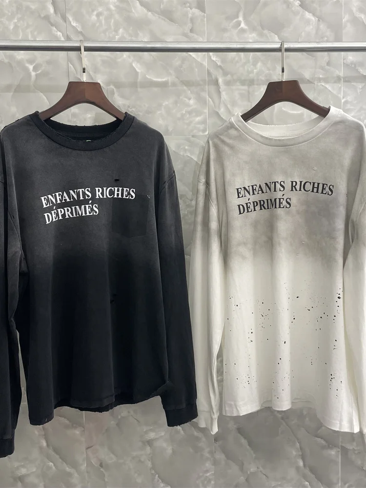 Distressed Pure Cotton Long Sleeve T-shirt Casual American Style for Men And Women Spring Autumn Fashion Comfortable Fit