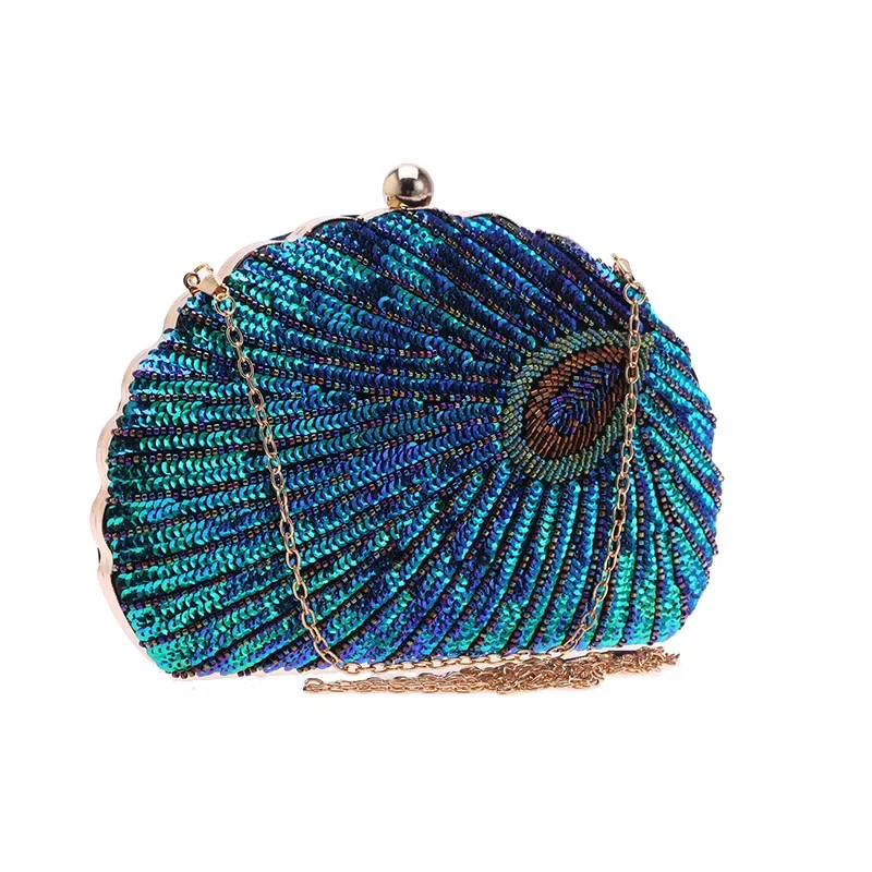 Classic Vintage Peacock Green Evening Bag Fashion Luxury Sequin Beaded Small Clutches For Women Wedding Party Chain Shoulder Bag