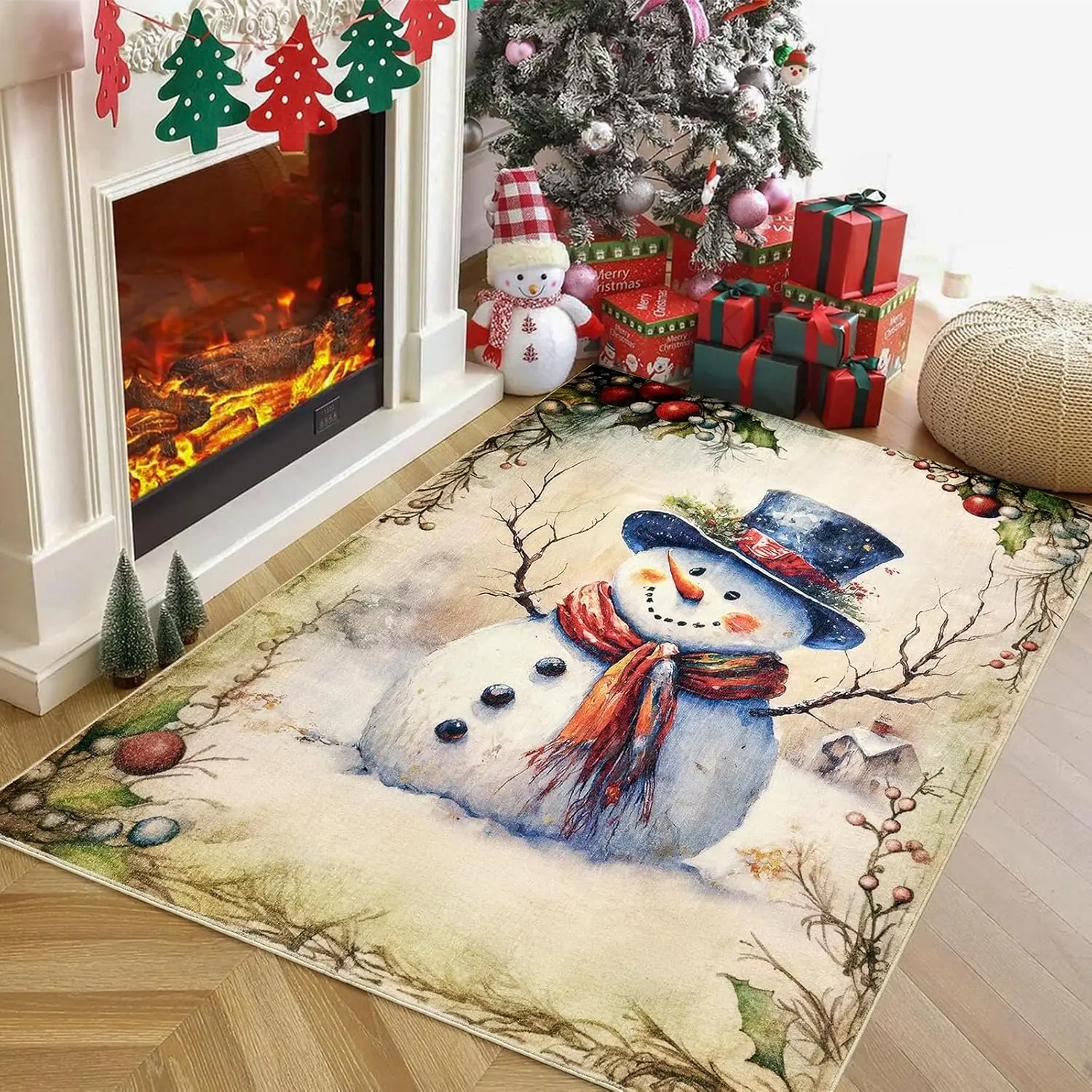 Resistant Ultra Thin Winter Snowman Holly Berry Rug Cute Festive Holiday Indoor Carpet for Living Room Bedroom Kitchen Dorm