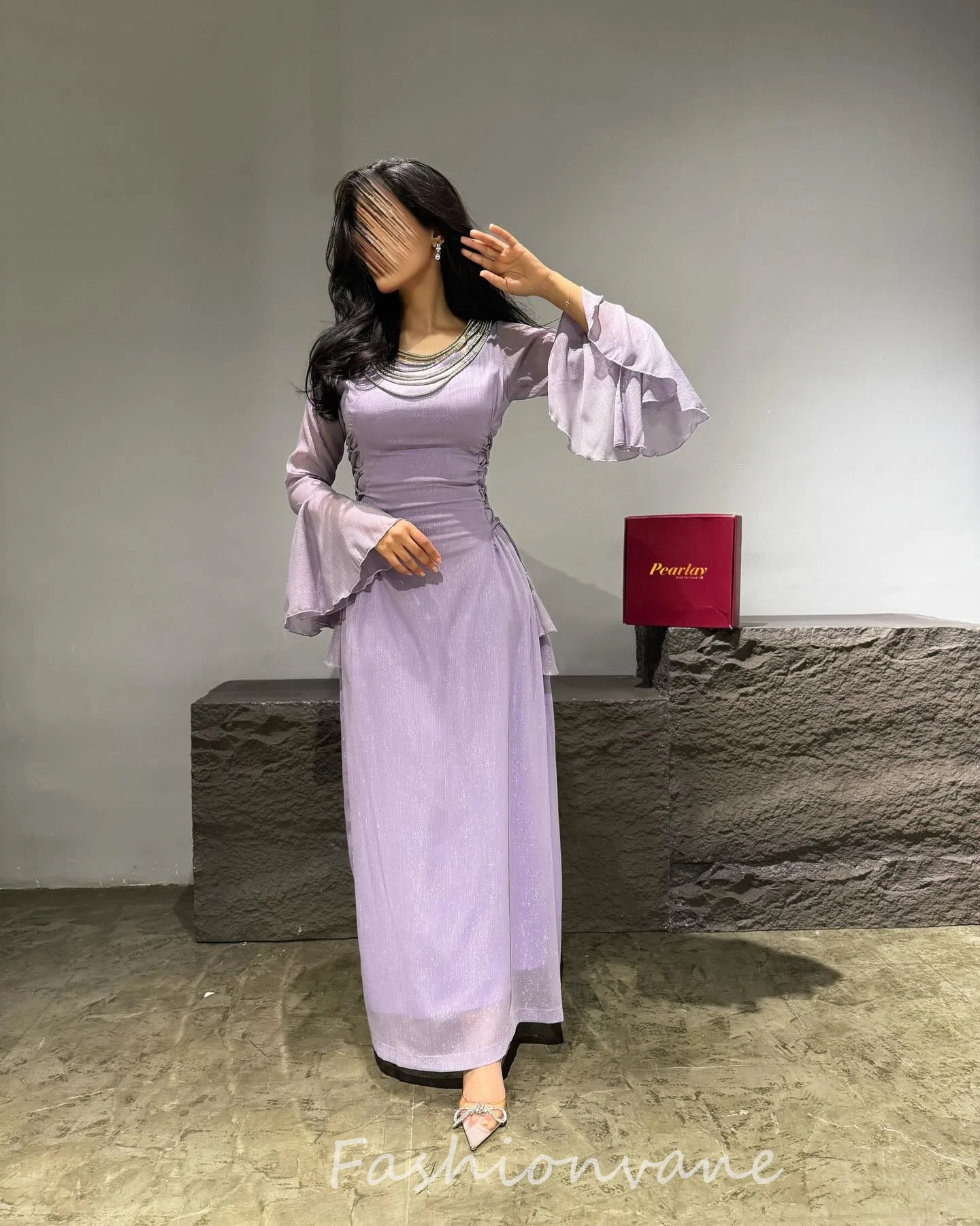 

Fashionvane Lavender Evening Dress Formal Saudi Arabia O Neck Long Sleeve Vestidos De Noche Mermaid Beaded Prom Dress Ankle