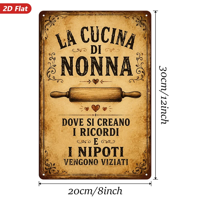 2D Flat, 1pc Vintage Italian Kitchen Metal Sign Wall Art, La Cucina Di Nonna Quote, Rolling Pin Illustration, Heart Accents, Age