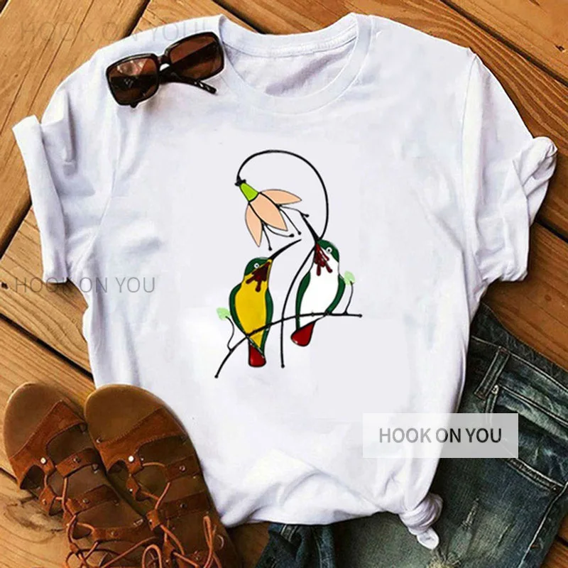

European and American Women's Fashion Casual Round Neck White Bird Print Short-sleeved T-shirt Round Neck Graphic T Shirts