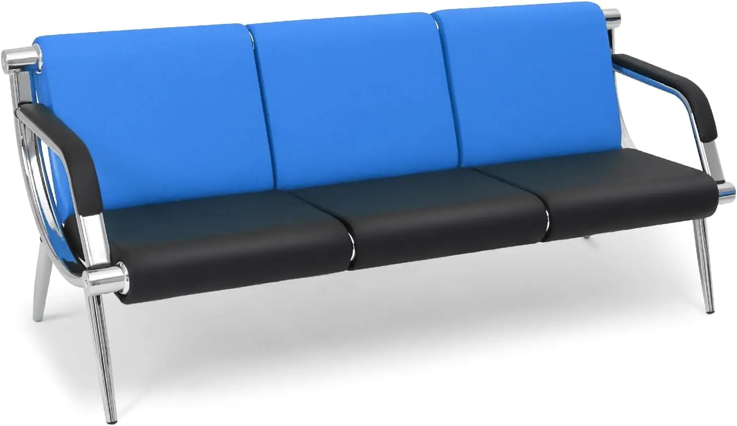 3-Seat Waiting Room Bench with Armrests, Blue & Black PU Leather Guest Seating for Lobby Reception, Clinic, Hospital, Salon
