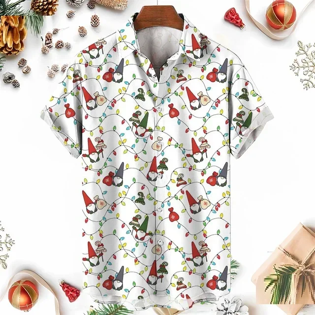 Retro Style Christmas Tree Reindeer Snowflake Printed Short Sleeved Shirt for Men and Women Christmas Holiday Loose Casual Shirt