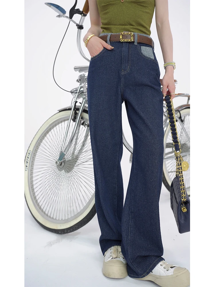 

TUNT Gold Eating Beast Джинсовая головоломка контрастного цвета Прямые джинсы с высокой талией Длинные брюки Four Seasons Универсальные синие джинсы