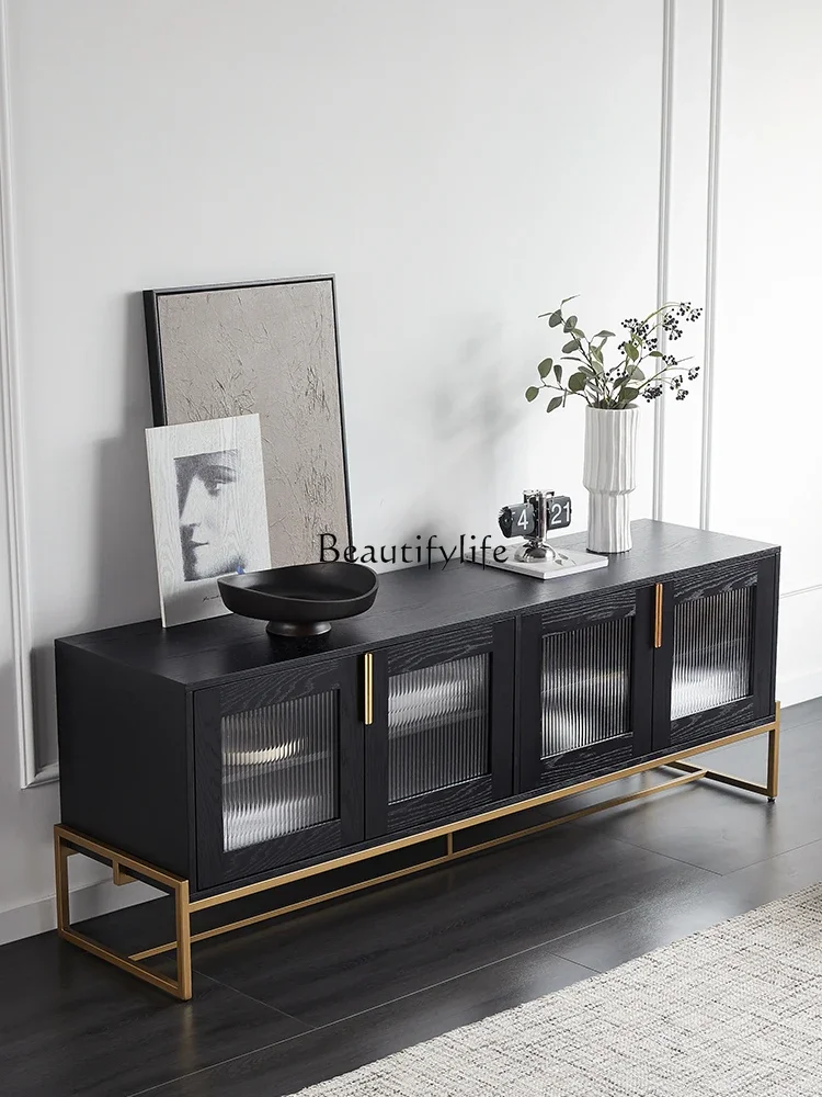 

pg45Light Luxury Modern TV Cabinet Nordic Small Apartment Retro Solid Wood TV Glass Side Cabinet