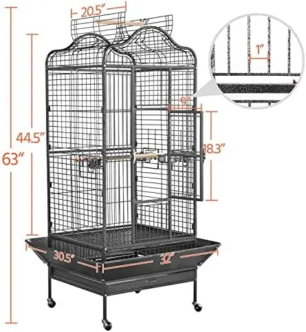 Extra Large Bird Cage 63'' Open Play Top Bird Cage for African Grey Parrots/Amazon Parrot/Caiques/Macaw with 360° Wheels