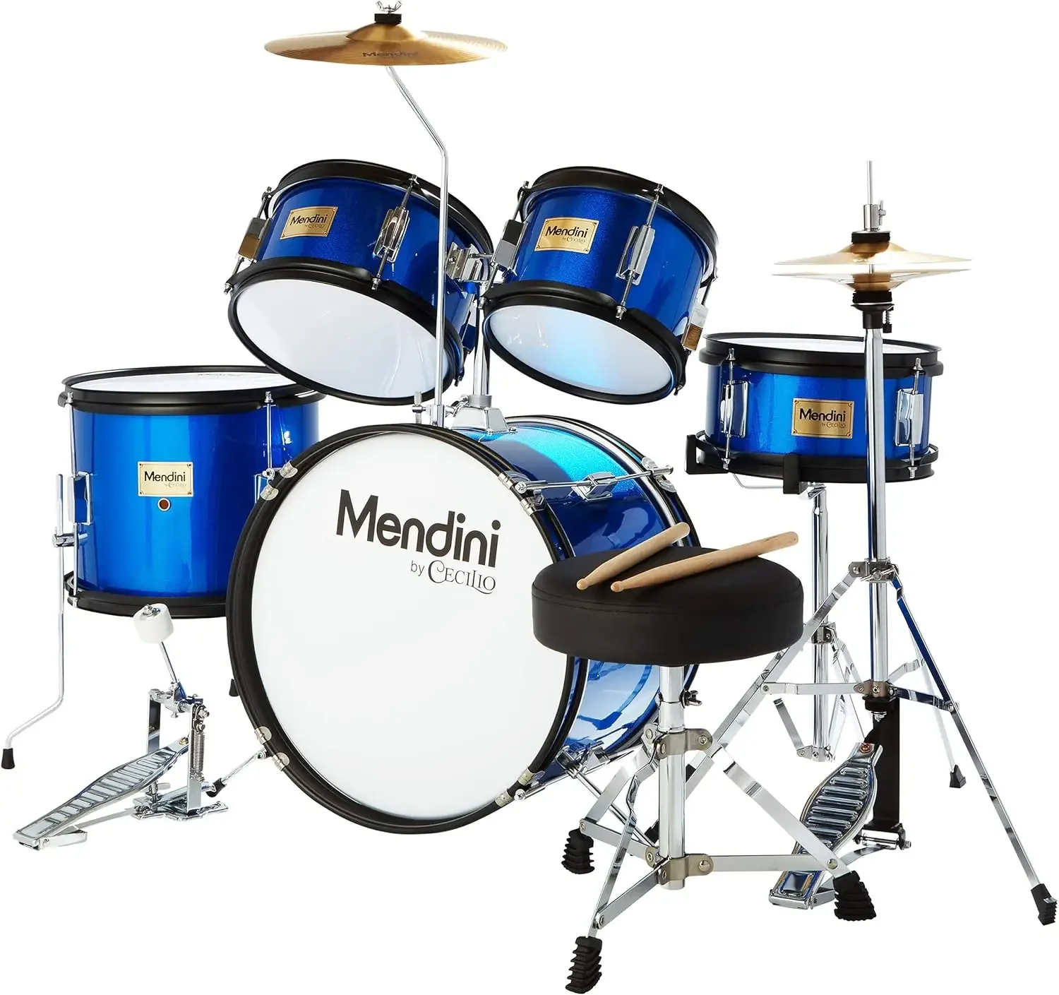 by Cecilio Kids Drum Set 5 Piece - Full 16in Youth Drumset with Bass, Toms, Snare Drum, Cymbal, Hi-Hat, Drumsticks & Sea