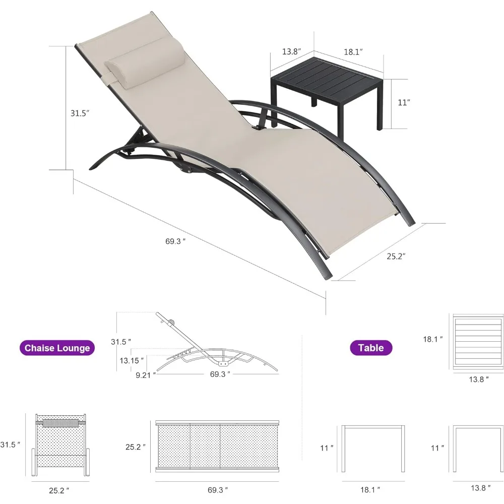 Patio Chaise Lounge Set of 3 Outdoor Lounge Chair Beach Pool Sunbathing Lawn Lounger Recliner Chiar Outside Tanning