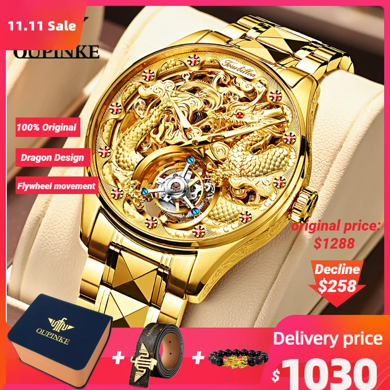 

OUPINKE Gold Dragon Automatic Watch for Men Tourbillon Skeleton Mens Watches Original High Quality Luxury Mechanical Wristwatch