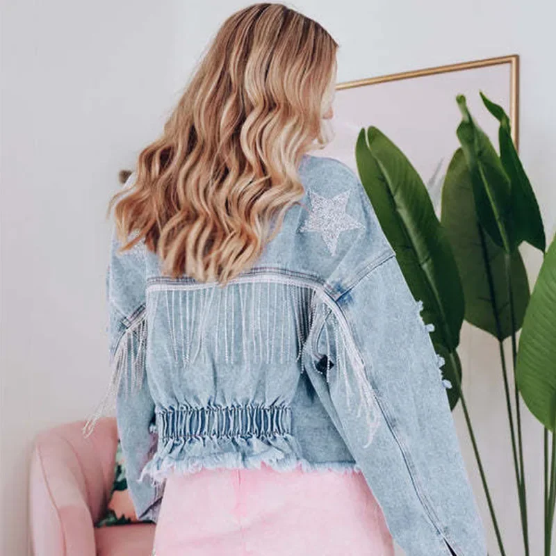 Casual Button-Up Tassels Five-Pointed Star Diamond Denim Jacket Women Streetwear Fringed Jean New In outerwears Chic Coat Top