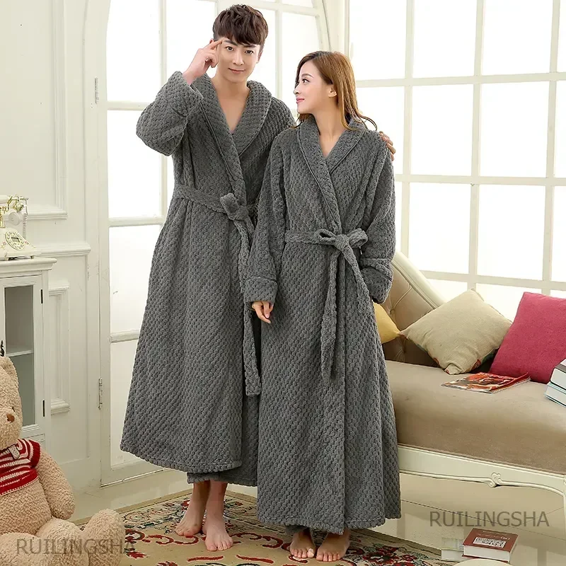 Cozy Long Flannel Plus Gown Extra Bath Bathrobe Robe Waffle Bridesmaid Thick Women Bride Spa Dressing Sleepwear Size Warm Men