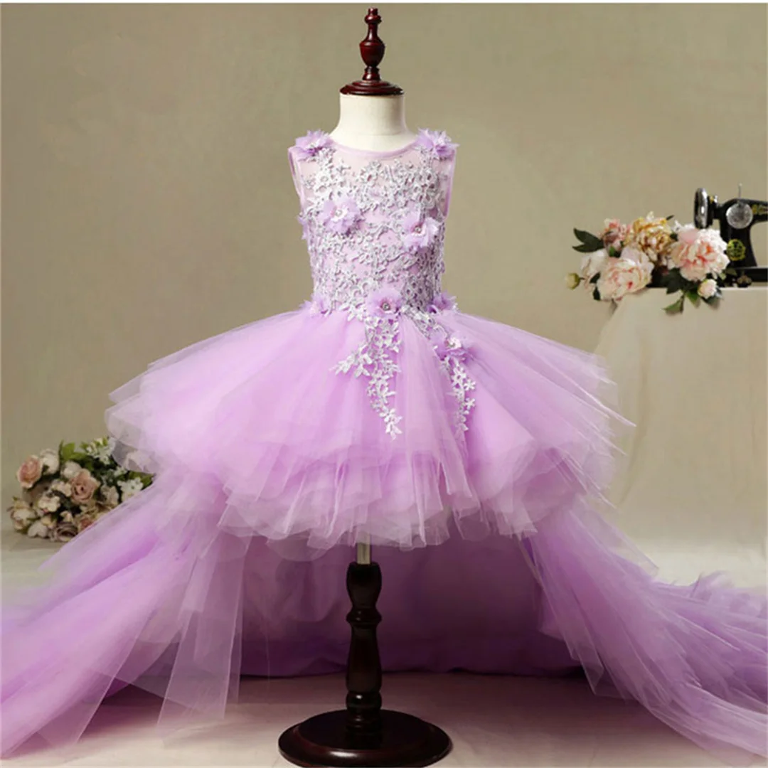 Customized Kids Baby With Train Children Show Flower Girl Dress Performance Costume Pageant Gownslong Tail Tulle Pink Gowns