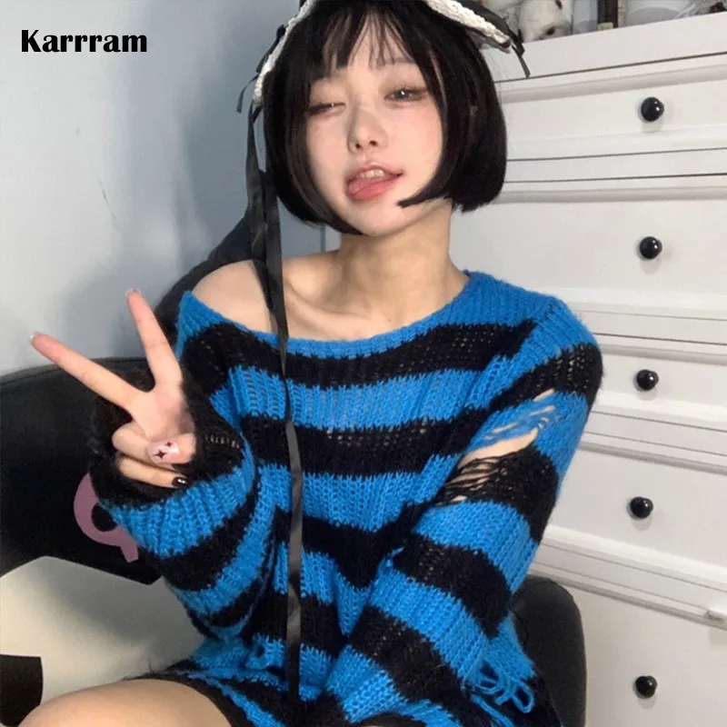 Karrram Japanese Harajuku Kawaii Pullover Y2k Aesthetics Hollow Out Striped Sweater 2000s E-girl Cute Knit Jumpers Fairy Grunge