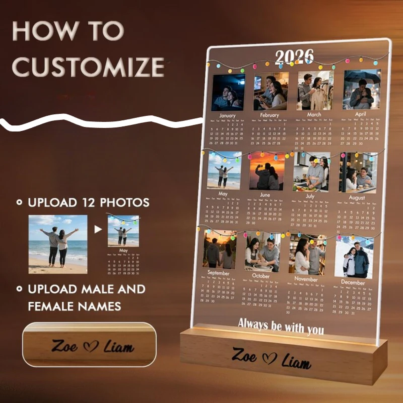 

Custom 2026 Photo Calendar LED Night Light Personalized 12 Photos Name For Couples Anniversary Romantic Night Memory Decor Gift