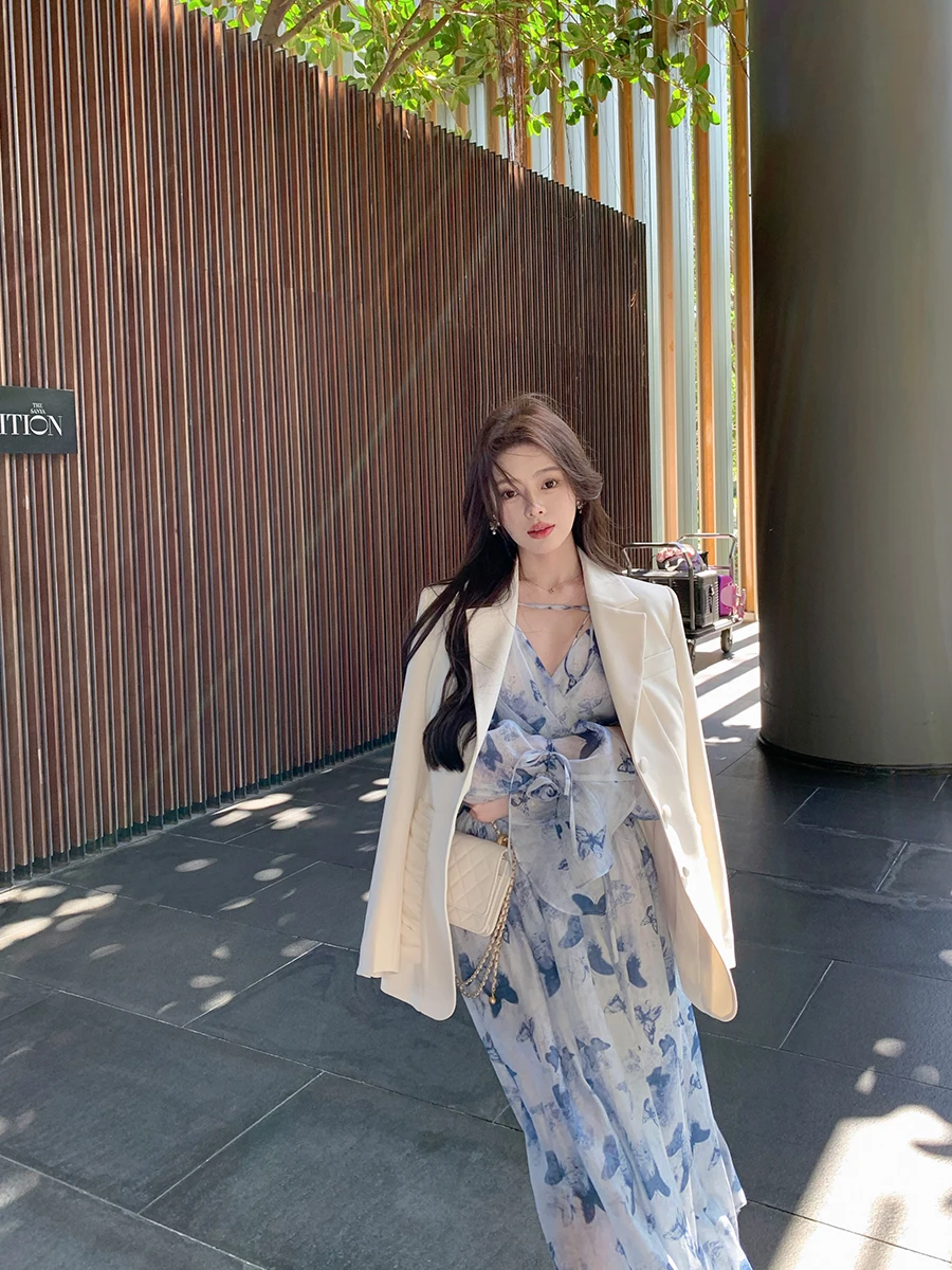 

ByYou Spring Season Elely Designed White Me ket Women's Casual Waist-Cinching Suit Jaet ort Sle