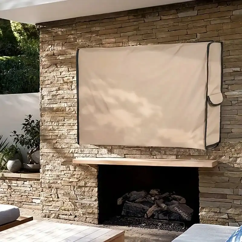 Beige Outdoor TV Cover for Wall Mounted Television Heavy‑Duty Waterproof UV‑Resistant TV Protector with Back Pocket for Mounting