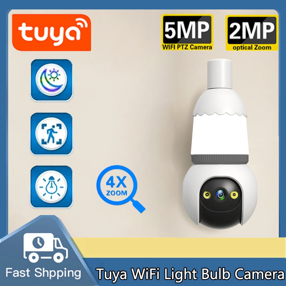 

Tuya 5MP WiFi Light Bulb Security Camera Auto Tracking Home Smart Life Wireless CCTV 2MP Surveillance Camera Color Night Vision