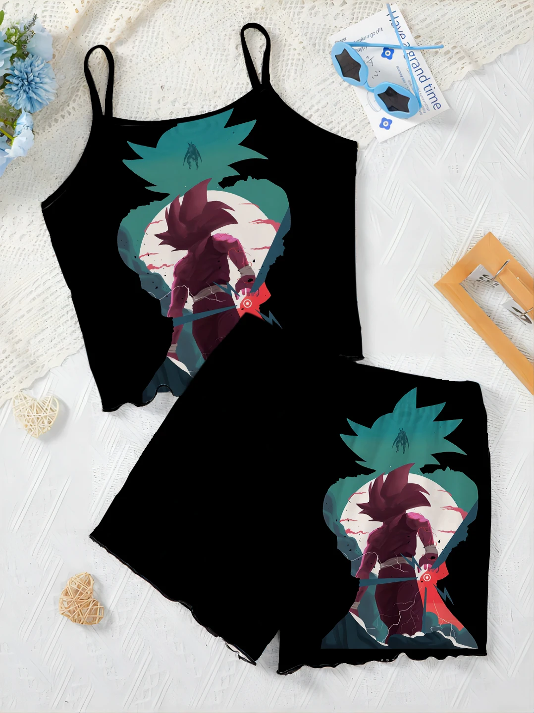 Pajama Skirt Lettuce Trim Dragon Ball Elegant Women's Sets Son Goku Top T-shirt Slip Dress Pieces Short Suit Clothing Trend 2024