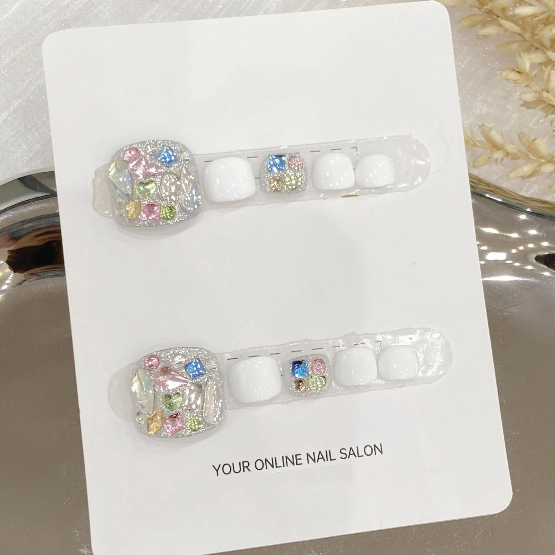 

10 pcs Luxury Handmade Press on Nails Short Square PEACH BLOSSOM STILL Design with 4-PIECE Tool Adhesive Nail Glue Tabs
