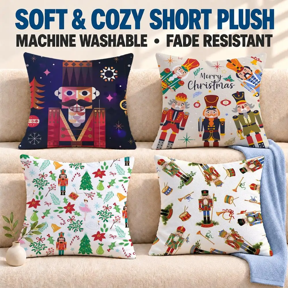 art Nutcracker Soldier Cushion Cover Soft Washable Pillowcase Cushion Cover for Sofa Bed Car Travel Office Home Decor